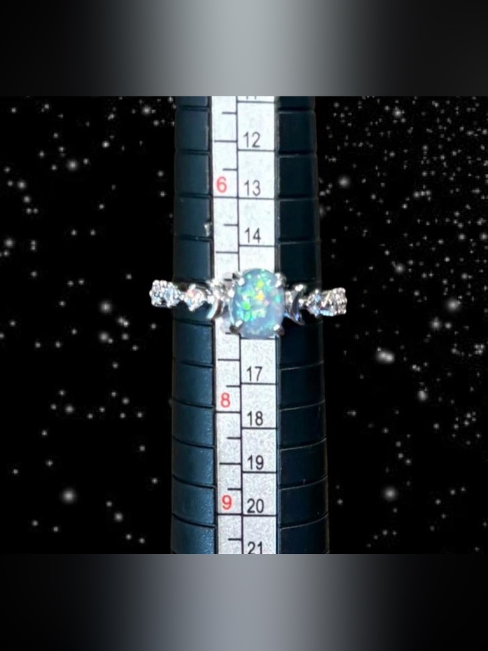 Unique silver plated synthetic White opal ring with crystal accents~Size 7
